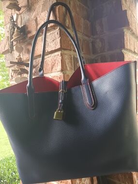 Textured Navy Tote with Red Interior and Gold Hardware